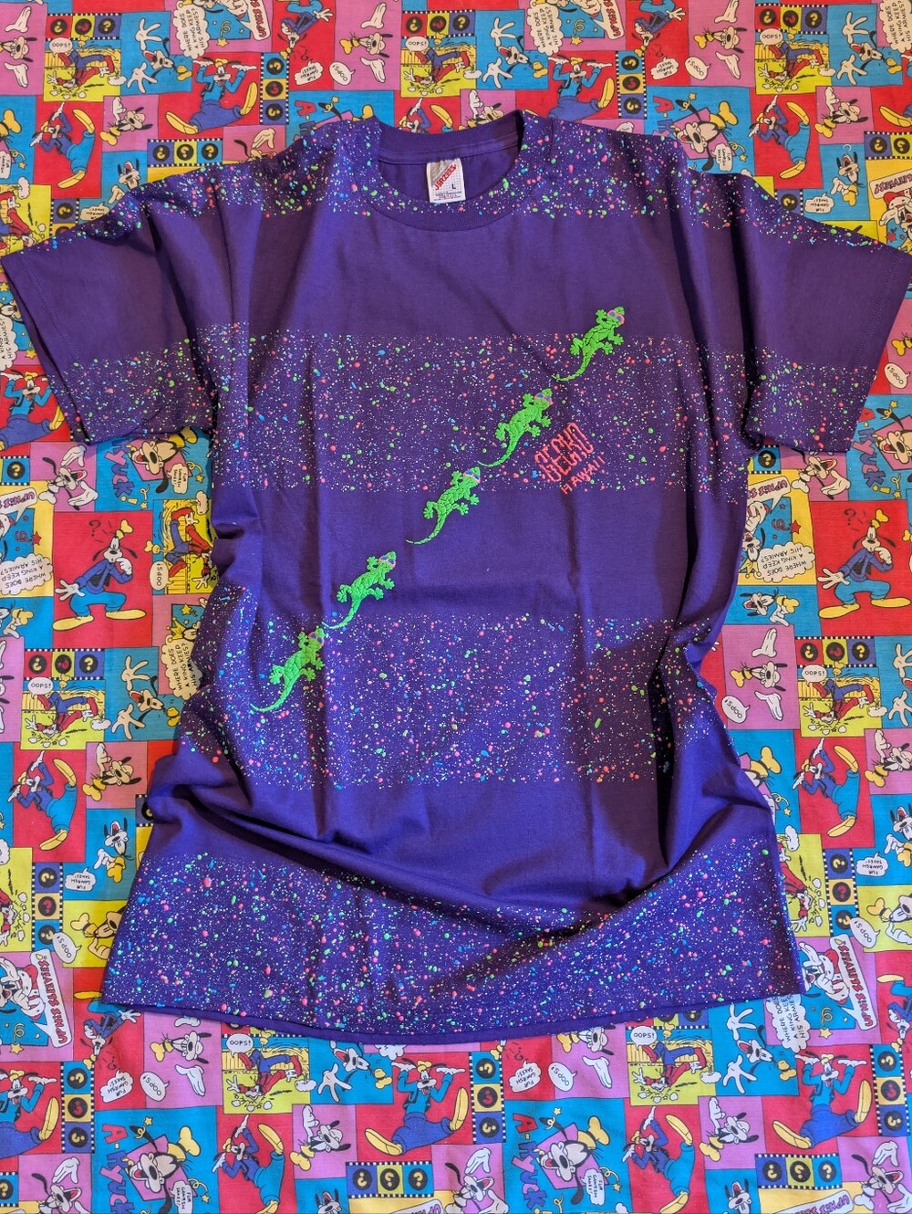 VTG 80's 90's Gecko Hawaii Neon Green Splatter Graphic AOP Made In The USA L